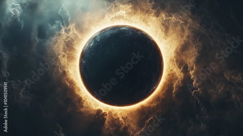 Spectacular solar eclipse captivating glowing corona surrounding a dark center in a celestial dance of light and shadow photo