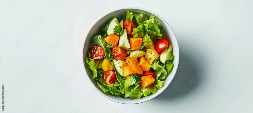 Fresh Green Salad with Tomatoes, Cucumber and Melon in White Bowl on White Background Fresh Green Salad with Tomatoes, Cucumber and Melon in White Bowl on White Background