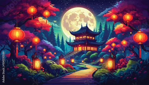 chinese landscape with full moon