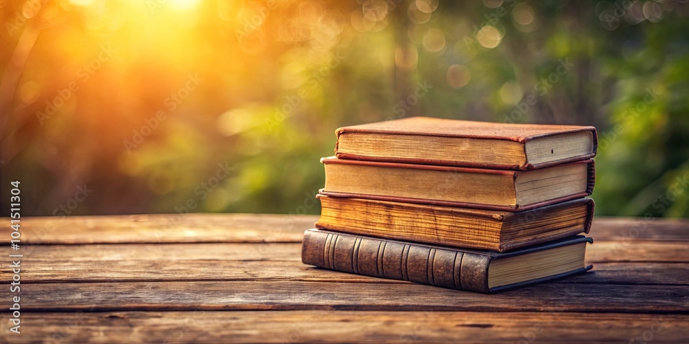 Stack of Aged Books on Rustic Wooden Surface with a Blurred Background of Warm Sunlight and Lush Greenery Stack of Aged Books on Rustic Wooden Surface with a Blurred Background of Warm Sunlight and Lush Greenery