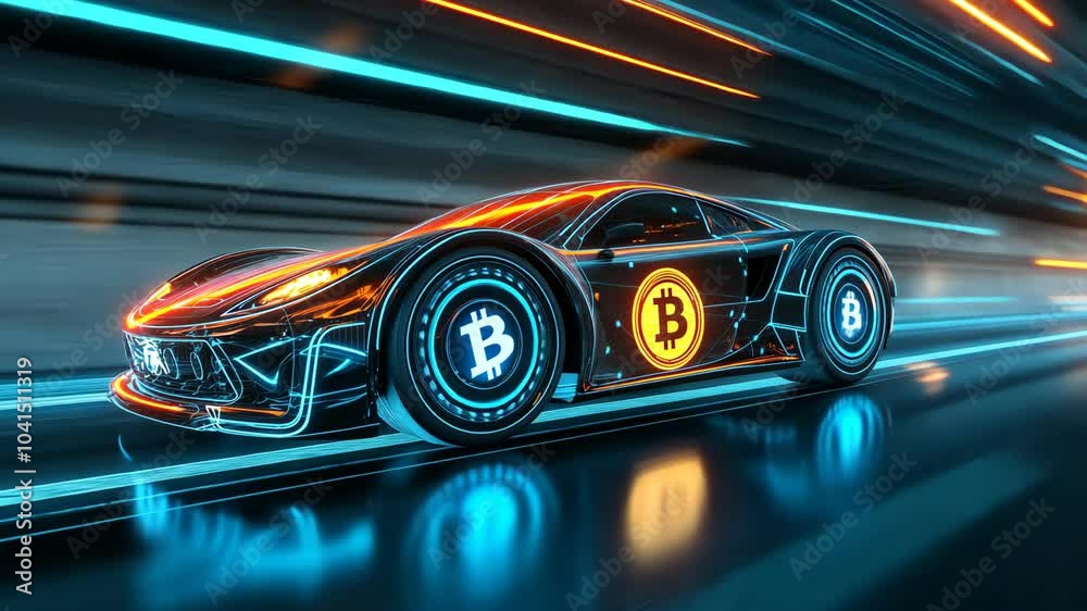 A futuristic sports car with Bitcoin symbols on its wheels speeds down a digital highway A futuristic sports car with Bitcoin symbols on its wheels speeds down a digital highway