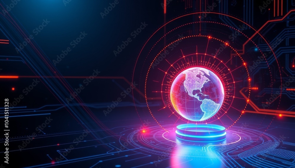 A glowing digital globe in a futuristic setting. A glowing digital globe in a futuristic setting.