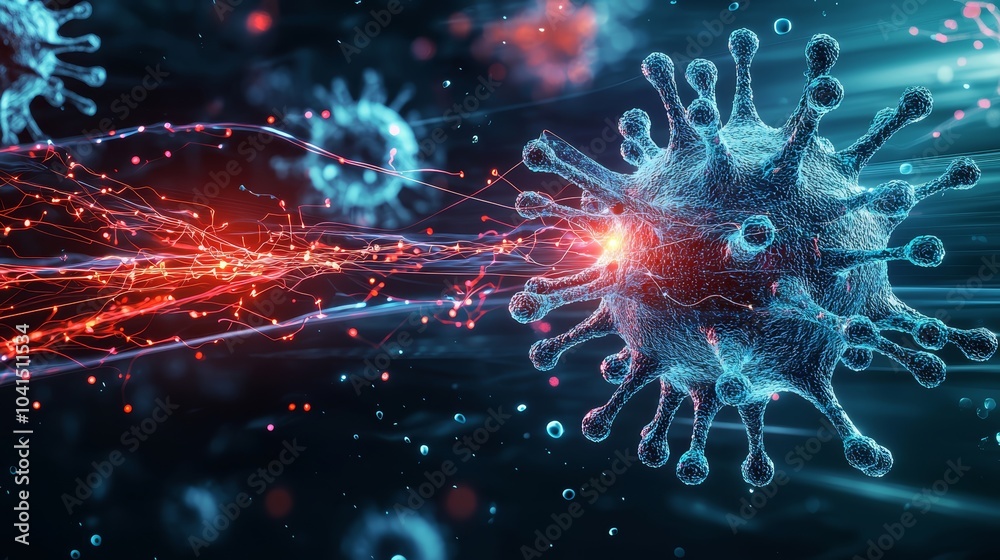 High-resolution depiction of a virus interacting with light and energy particles. High-resolution depiction of a virus interacting with light and energy particles.