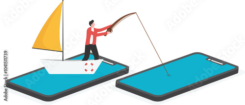 Phishing or traps, financial scams, investment risks, online lures or crimes, traders sitting in a boat fishing on a smartphone

