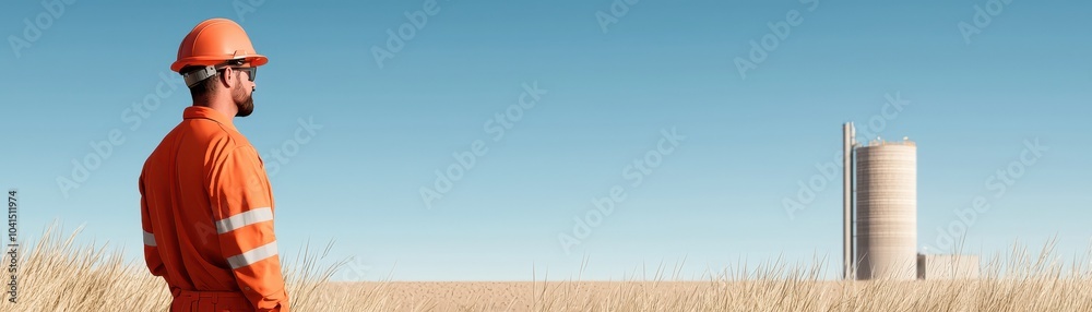Male worker in orange workwear, observing an industrial facility under a clear blue sky. Male worker in orange workwear, observing an industrial facility under a clear blue sky.