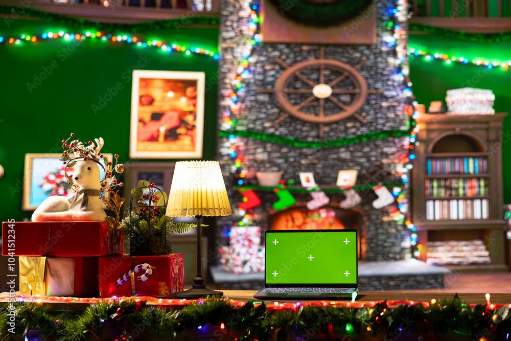 Fototapeta premium Empty cabin decorated with garlands and baubles next to isolated mockup, awaits Santa Claus at the North Pole. The festive cozy workshop having wrapped gifts ready for a magical Christmas night.