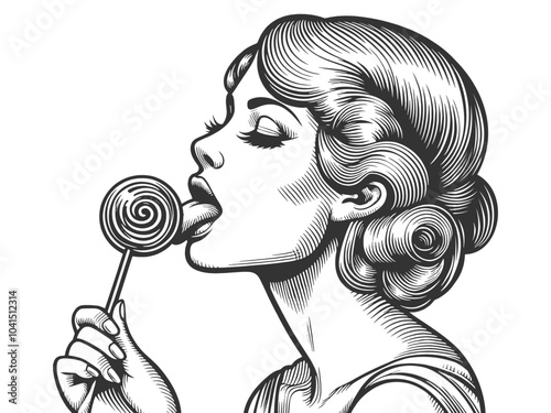 woman eats lollipop, combining retro charm with a playful, sweet moment sketch engraving generative ai fictional character vector illustration. Scratch board imitation. Black and white image.