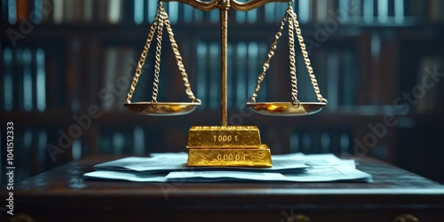 Golden Scales of Justice with Gold Bars on Papers photo