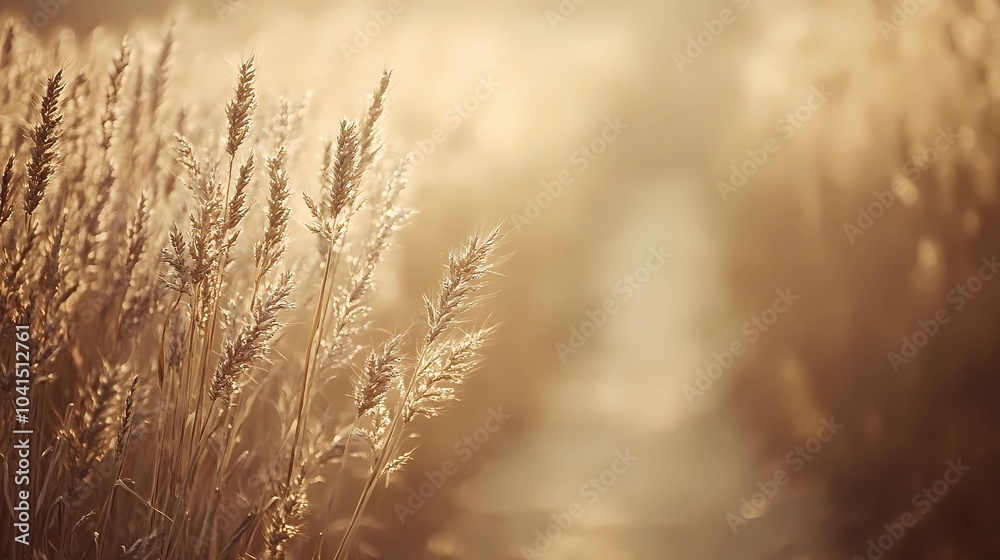 Obraz premium Foggy fall field with golden crops and mist in the air, creating a peaceful autumn landscape for stock photography and seasonal themes.