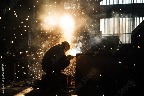 Welder at Work: Gas Metal Arc Welding Structural Steel in Industrial Workshop photo