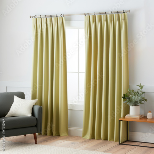 Heavy fabric curtains in modern bedroom, white walls and wooden furniture, miminal interior design