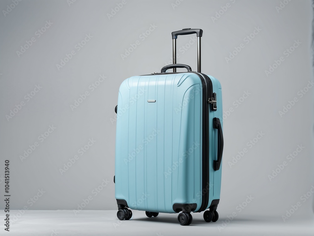Light blue suitcase in air on light grey background Light blue suitcase in air on light grey background