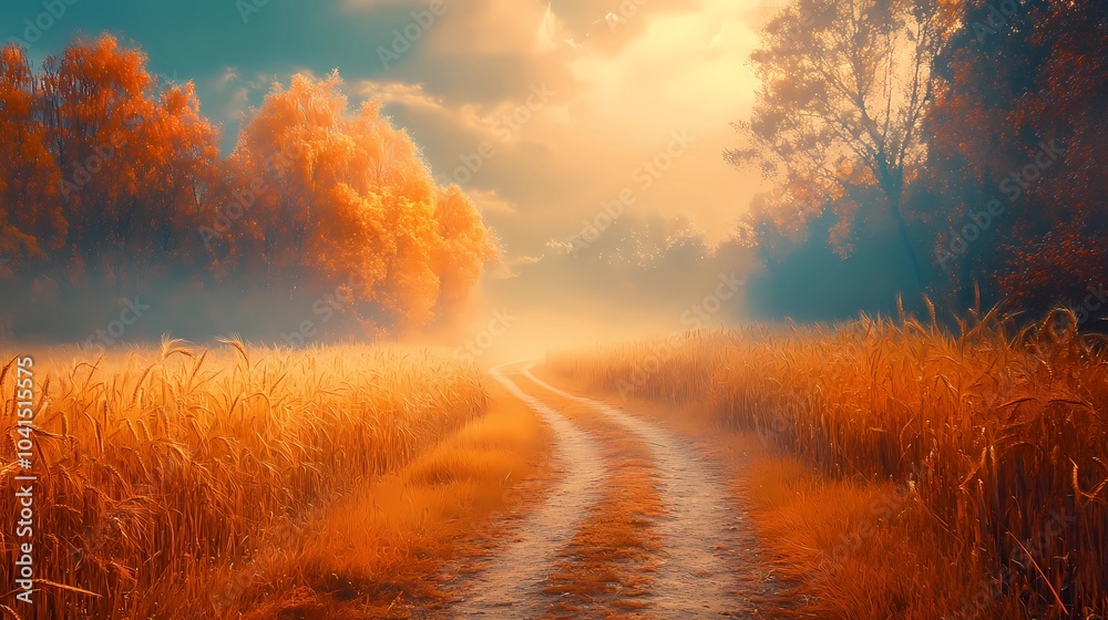 Misty autumn field at dawn, with vibrant fall colors and fog rolling across the landscape, perfect for tranquil nature visuals. Misty autumn field at dawn, with vibrant fall colors and fog rolling across the landscape, perfect for tranquil nature visuals.