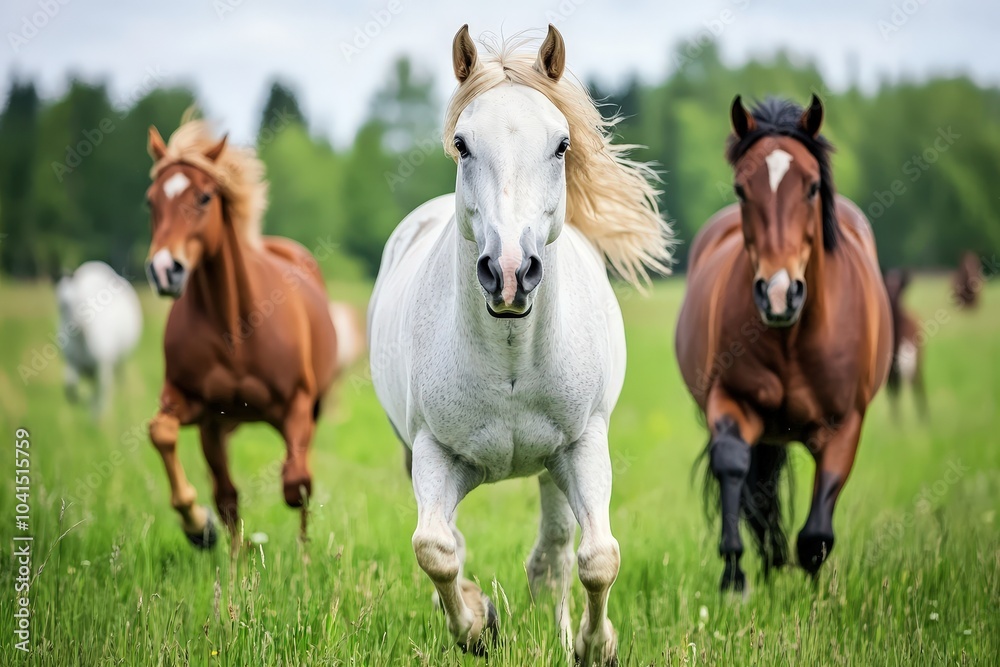 Three horses gallop energetically across a green field, their manes flowing in the wind, showcasing freedom and vitality in nature's embrace. Three horses gallop energetically across a green field, their manes flowing in the wind, showcasing freedom and vitality in nature's embrace.