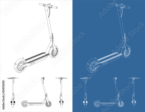 set vector electric scooter modern eco friendly vehicles line art draw blueprint isolated in transparent background 