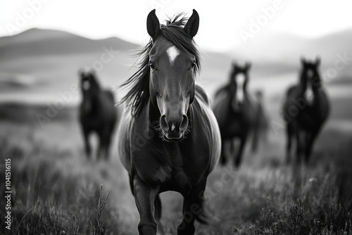 A black horse leads its companions in a dramatic, monochromatic landscape, creating a striking scene that evokes themes of leadership and solitude. photo