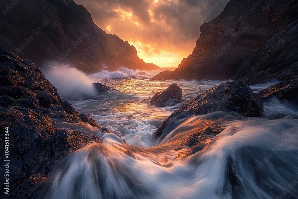 Fototapeta premium Long-exposure shot of water flowing down the rocks at golden hour, showcasing dramatic shapes and colors at a beach.
