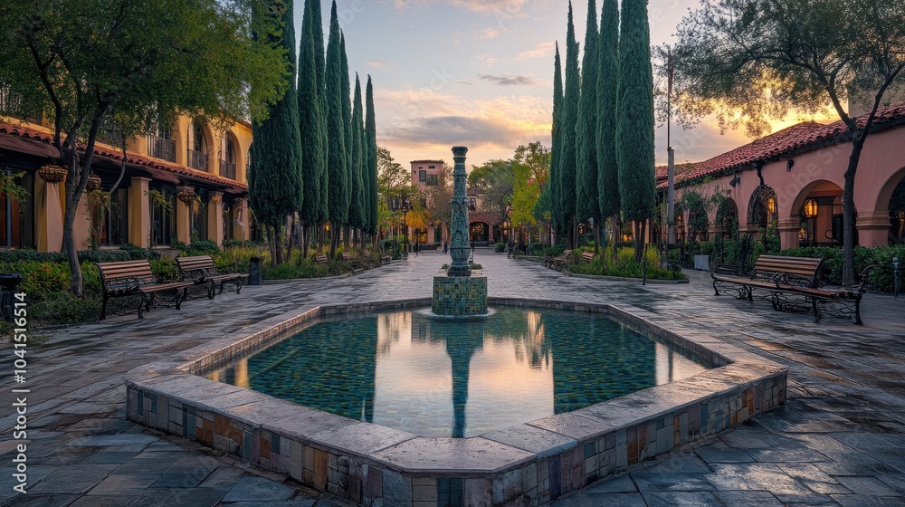 Obraz premium Hexagonal pool in a quiet square reflecting architecture and trees under soft evening light