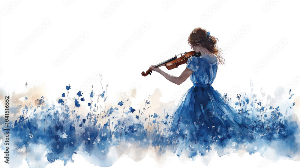 Obraz premium Blue watercolor painting of a woman is playing violin on the meadow