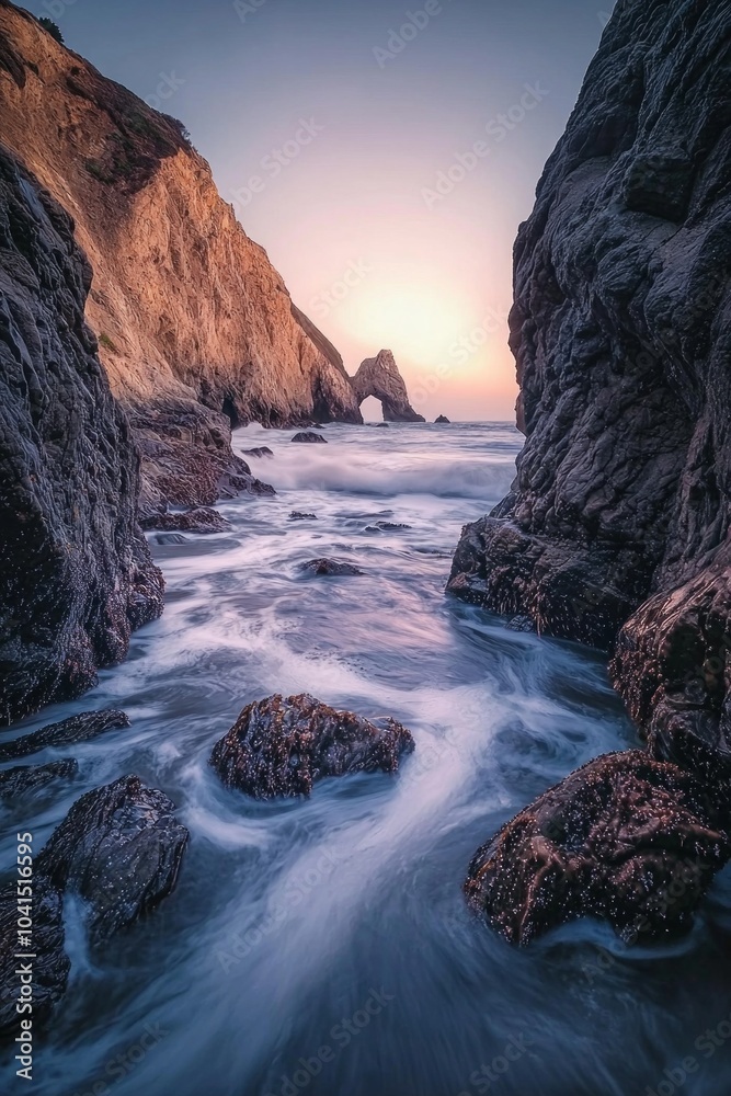 Obraz premium Long-exposure shot of water flowing down the rocks at golden hour, showcasing dramatic shapes and colors at a beach.