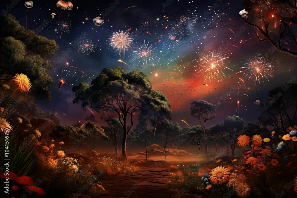 Fototapeta premium Fireworks over a forest and flowers.