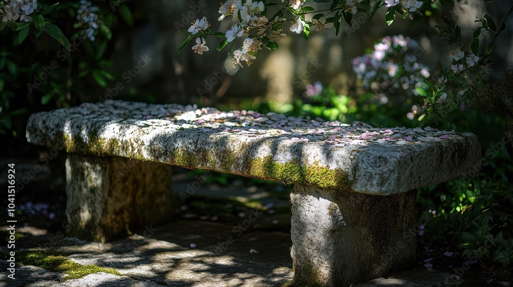 Moss-covered bench in an agora sunlight casting intricate shadows on the stone surface Moss-covered bench in an agora sunlight casting intricate shadows on the stone surface