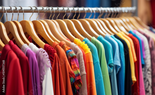 Prendas de ropa coloridas colgadas en una tienda de ropa.