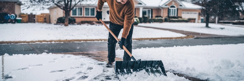Person shoveling snow from driveway on a snowy winter day Person shoveling snow from driveway on a snowy winter day