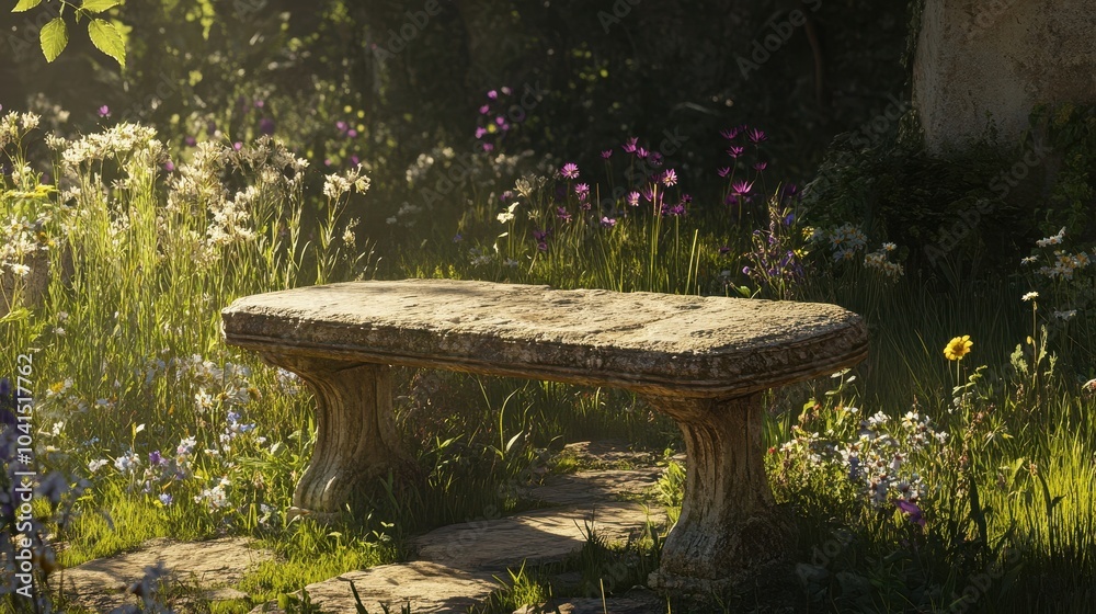 Secluded corner of the agora with a stone bench surrounded by grasses in soft afternoon light Secluded corner of the agora with a stone bench surrounded by grasses in soft afternoon light