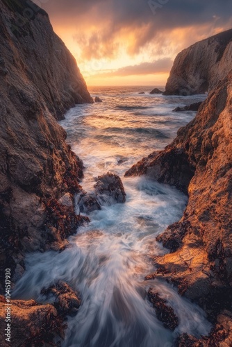 Long-exposure shot of water flowing down the rocks at golden hour, showcasing dramatic shapes and colors at a beach.