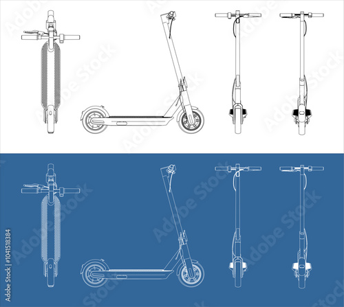 set vector electric scooter modern eco friendly vehicles line art draw blueprint from all view top corner side back isolated in transparent background 