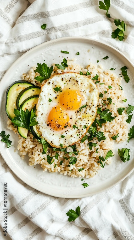 Brown Rice with Fried Egg and Zucchini for Healthy Breakfast Brown Rice with Fried Egg and Zucchini for Healthy Breakfast