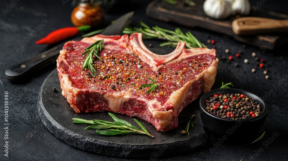 Fresh Cut Steak with Herbs and Spices on Slate Board