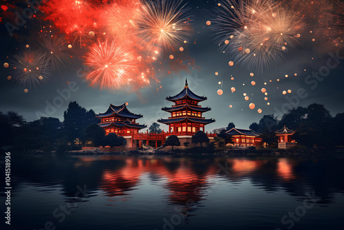 A serene evening scene featuring a traditional Chinese pagoda illuminated with bright red lanterns, surrounded by fireworks in the distance.