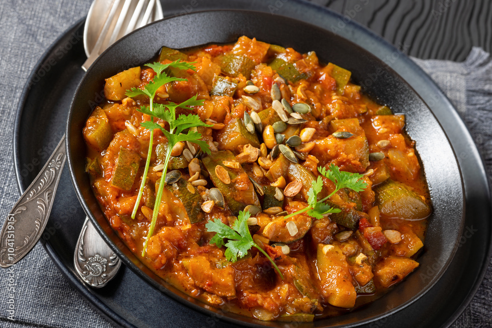 healthy zucchini stew in tomato sauce, top view