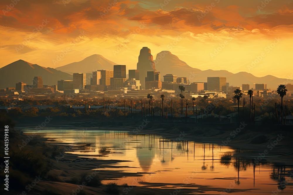 Fototapeta premium Sunset city skyline reflected in water.