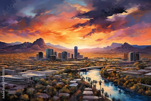 City skyline with mountains and river at sunset.