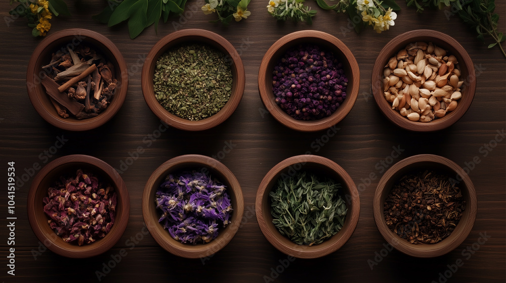 A variety of herbs and spices are displayed in small bowls on a wooden table. The bowls are arranged in a row, with each one containing a different type of herb or spice A variety of herbs and spices are displayed in small bowls on a wooden table. The bowls are arranged in a row, with each one containing a different type of herb or spice