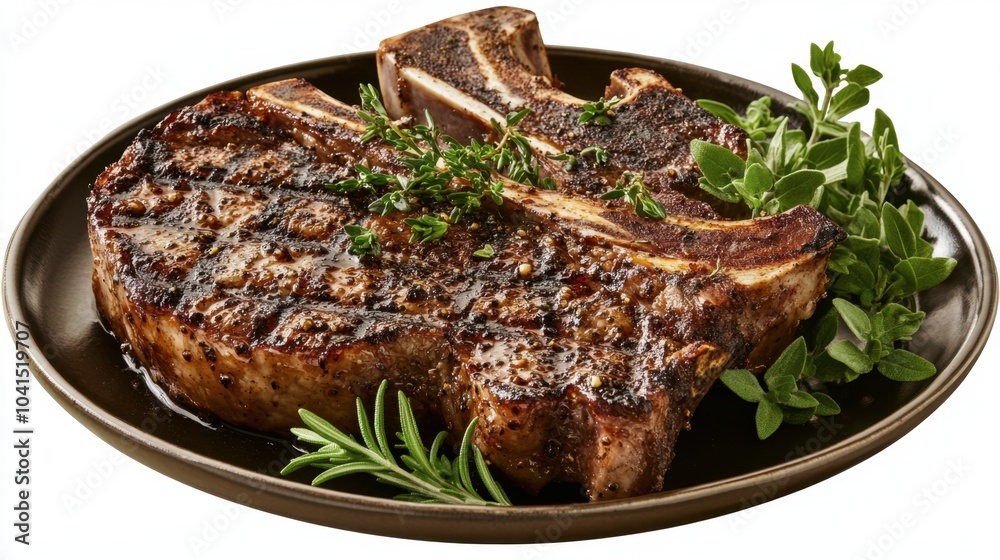 Grilled Steak with Fresh Herbs on Dark Plate Grilled Steak with Fresh Herbs on Dark Plate