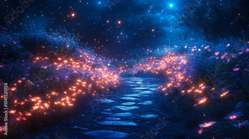 Magical Christmas Night Path with Glowing Flowers and Starry Sky for Holiday Greetings