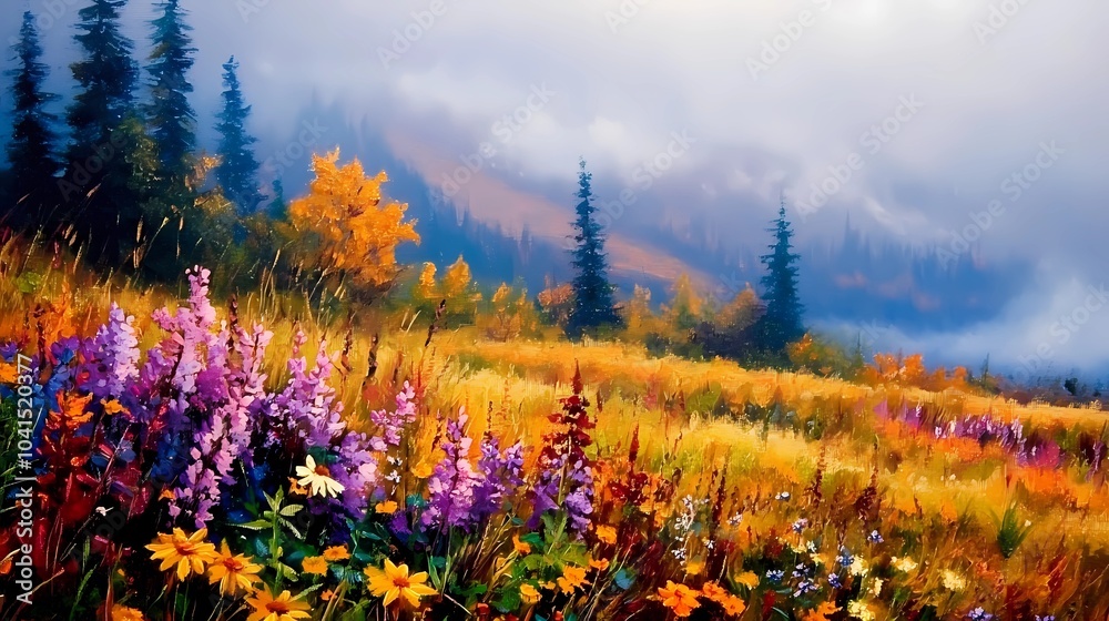 Fototapeta premium Fog-covered autumn field with soft morning light, ideal for capturing the calm and quiet atmosphere of fall in rural settings.