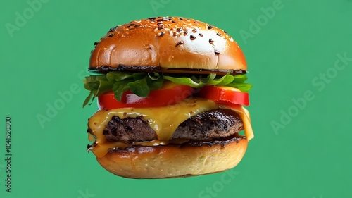 hamburger spinning motion on green screen, burger fast food rotating, generative ai