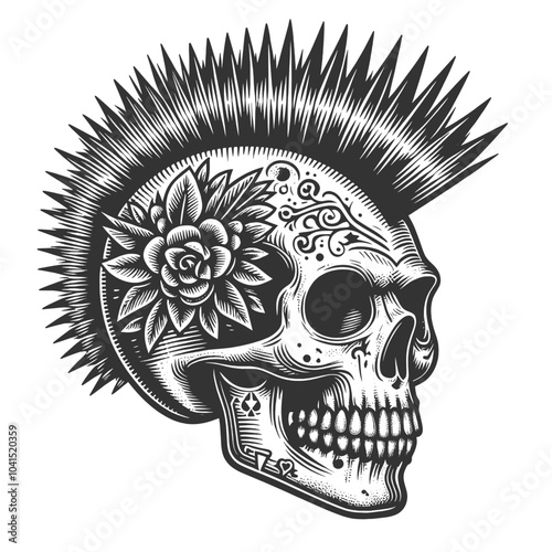 human skull with a bold spiked mohawk, embodying punk rock style and rebellious attitude sketch engraving generative ai vector illustration. Scratch board imitation. Black and white image.