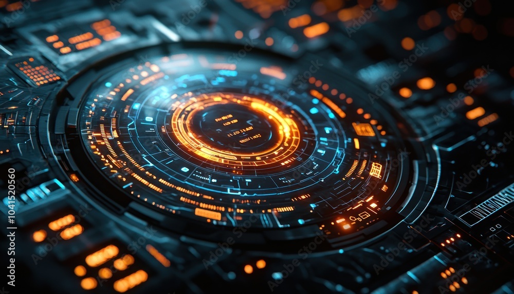 Futuristic Interface with Glowing Orange and Blue Circles Futuristic Interface with Glowing Orange and Blue Circles
