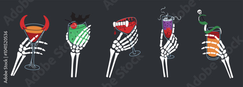 Spooky collection of skeleton hands holding Halloween drinks in various glasses. Vector illustrations in flat, cartoon style, perfect for holiday party designs and horror themed decorations