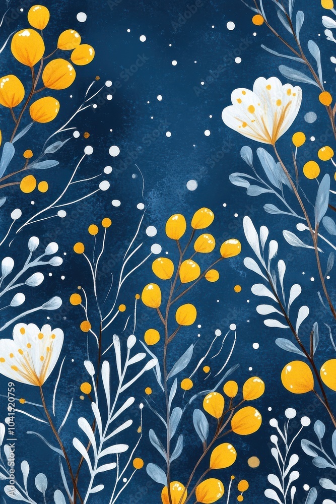 Elegant floral pattern with yellow and white flowers on a deep blue background featuring delicate botanical elements Elegant floral pattern with yellow and white flowers on a deep blue background featuring delicate botanical elements