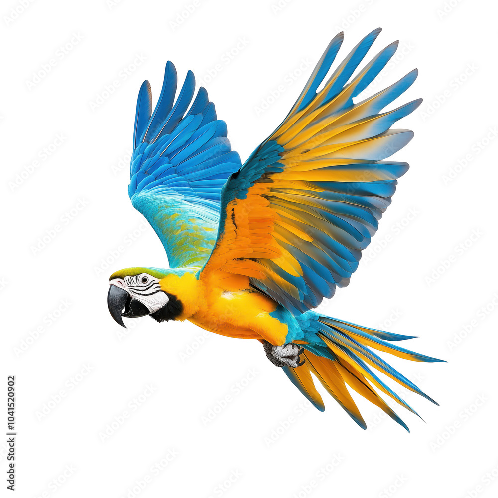 Fototapeta premium A vibrant parrot in flight showcasing beautiful blue and yellow feathers isolated on transparent background.