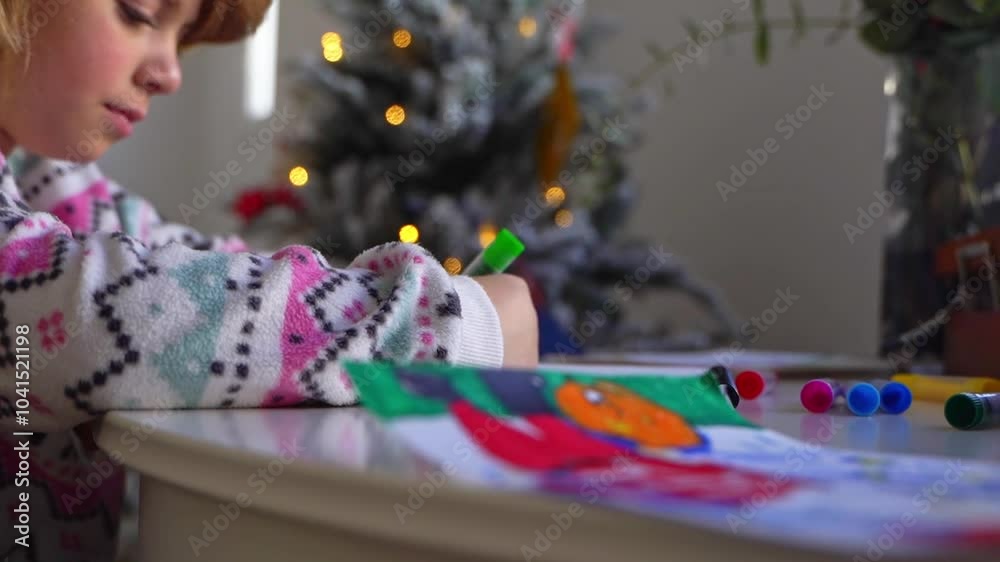 Child writing letter to Santa Christmas New Year holiday, cosy home Christmas decoration and lights, girl dreaming drawing colorful pencils preparing gifts presents for family, boy wishing Santa Claus Child writing letter to Santa Christmas New Year holiday, cosy home Christmas decoration and lights, girl dreaming drawing colorful pencils preparing gifts presents for family, boy wishing Santa Claus