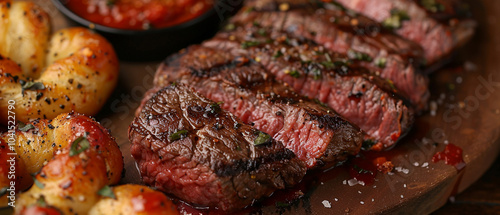 A detailed close-up view highlighting the succulent meatiness of medium rare ribeye steak next to aromatic garlic knots and rich marinara sauce for an enticing dining experience. photo