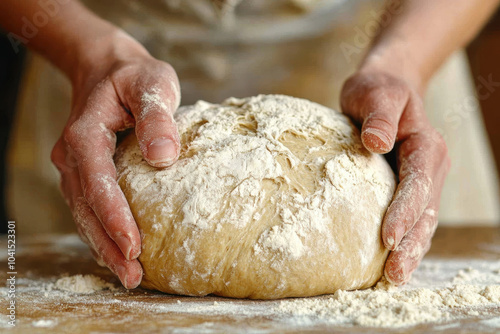 The hands knead the dough on a floured surface and prepare homemade bread in a cozy kitchen environment. AI generative.